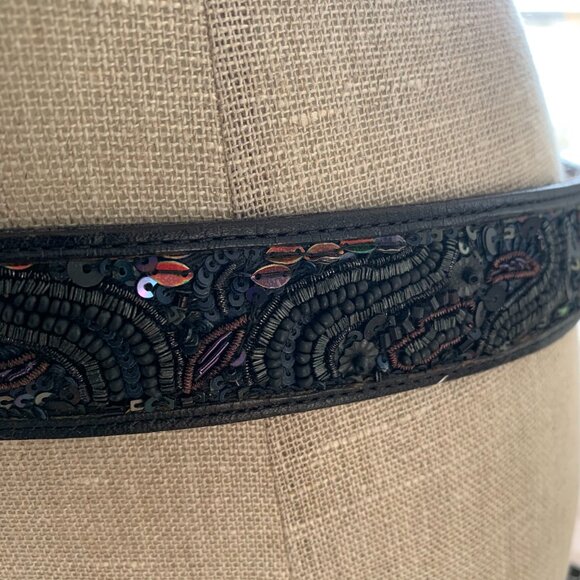 Lucky Brand Leather Beaded Sequin Waist Belt Women's S Black Silver Buckle Y2K - Picture 8 of 12